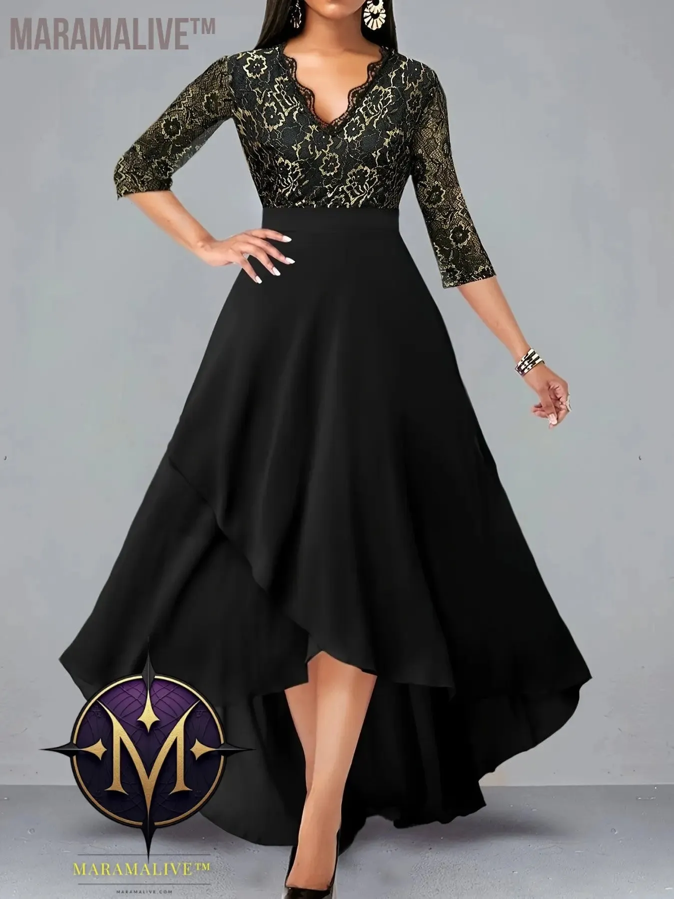 Plus Size Elegant Dress, Women's Plus Floral Print Three Quarter Sleeve Contrast Lace Trim V Neck Wrap Split Hem Maxi Dress