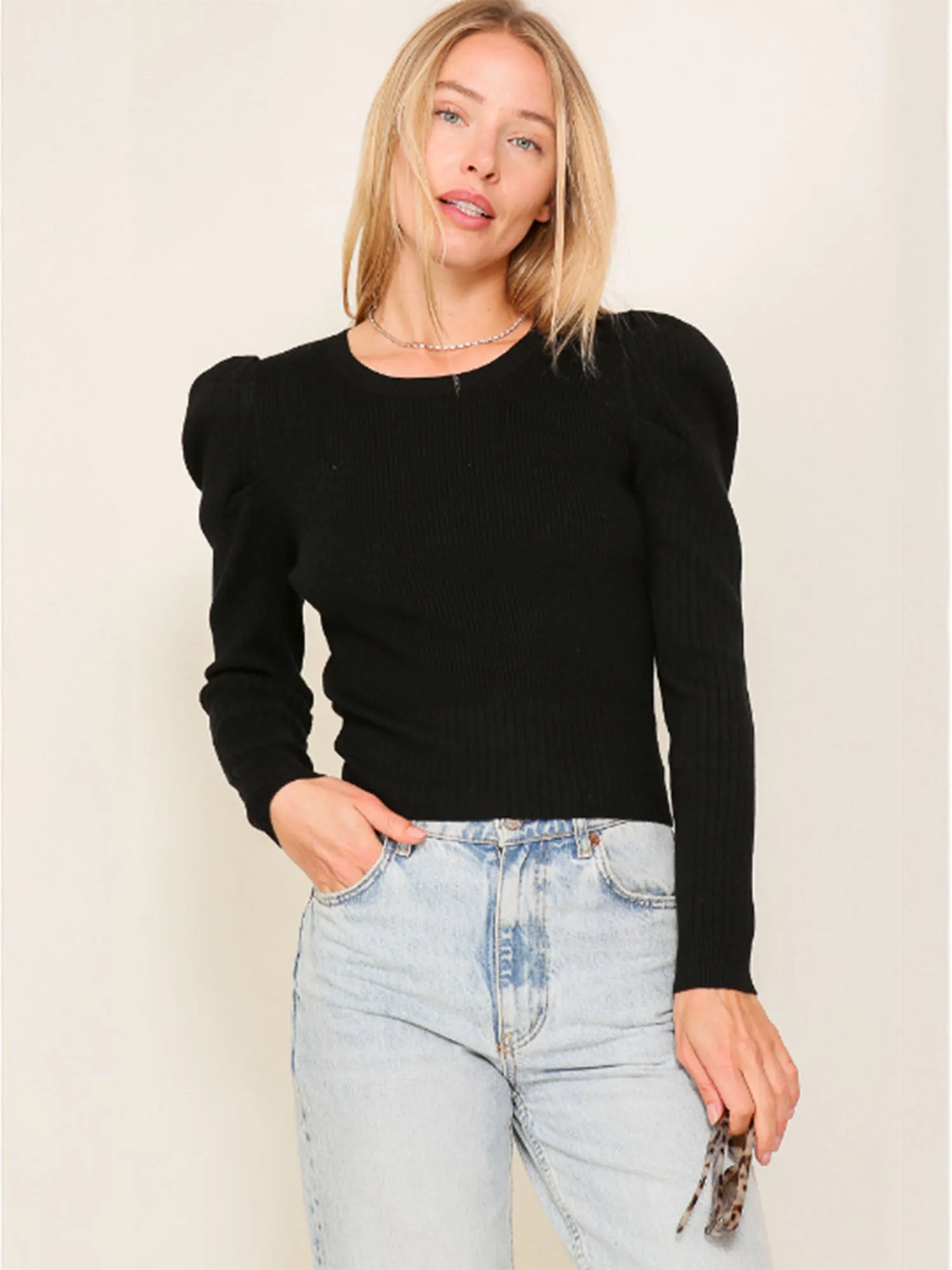 Puff Sleeve Rib Knit Top