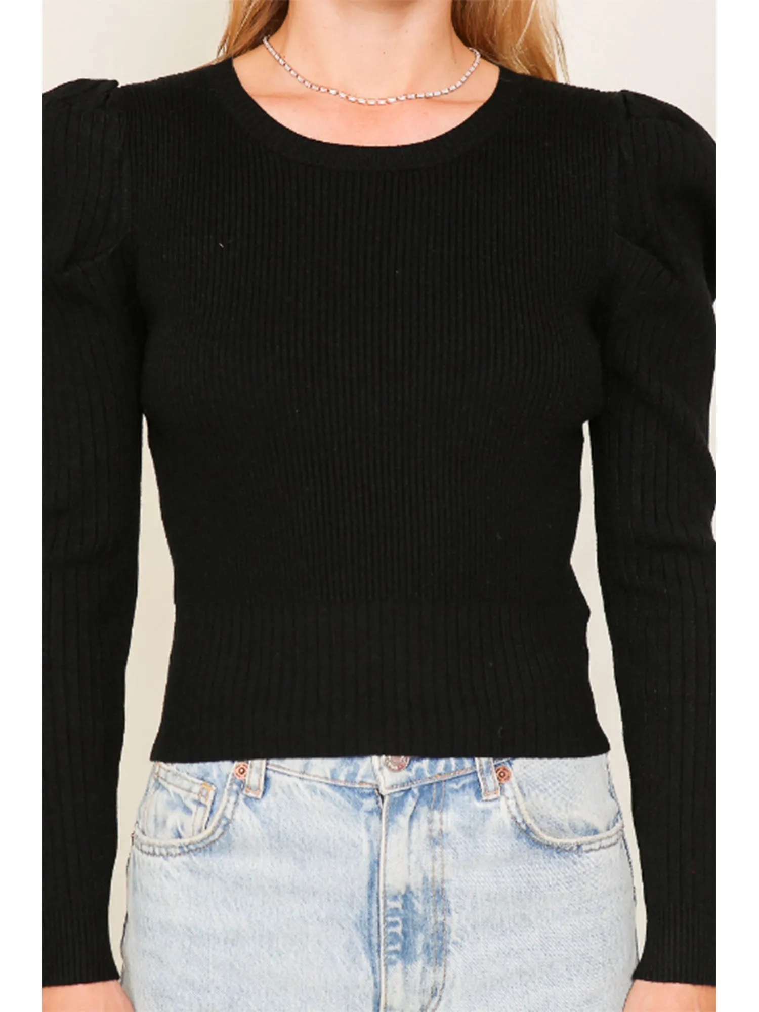 Puff Sleeve Rib Knit Top