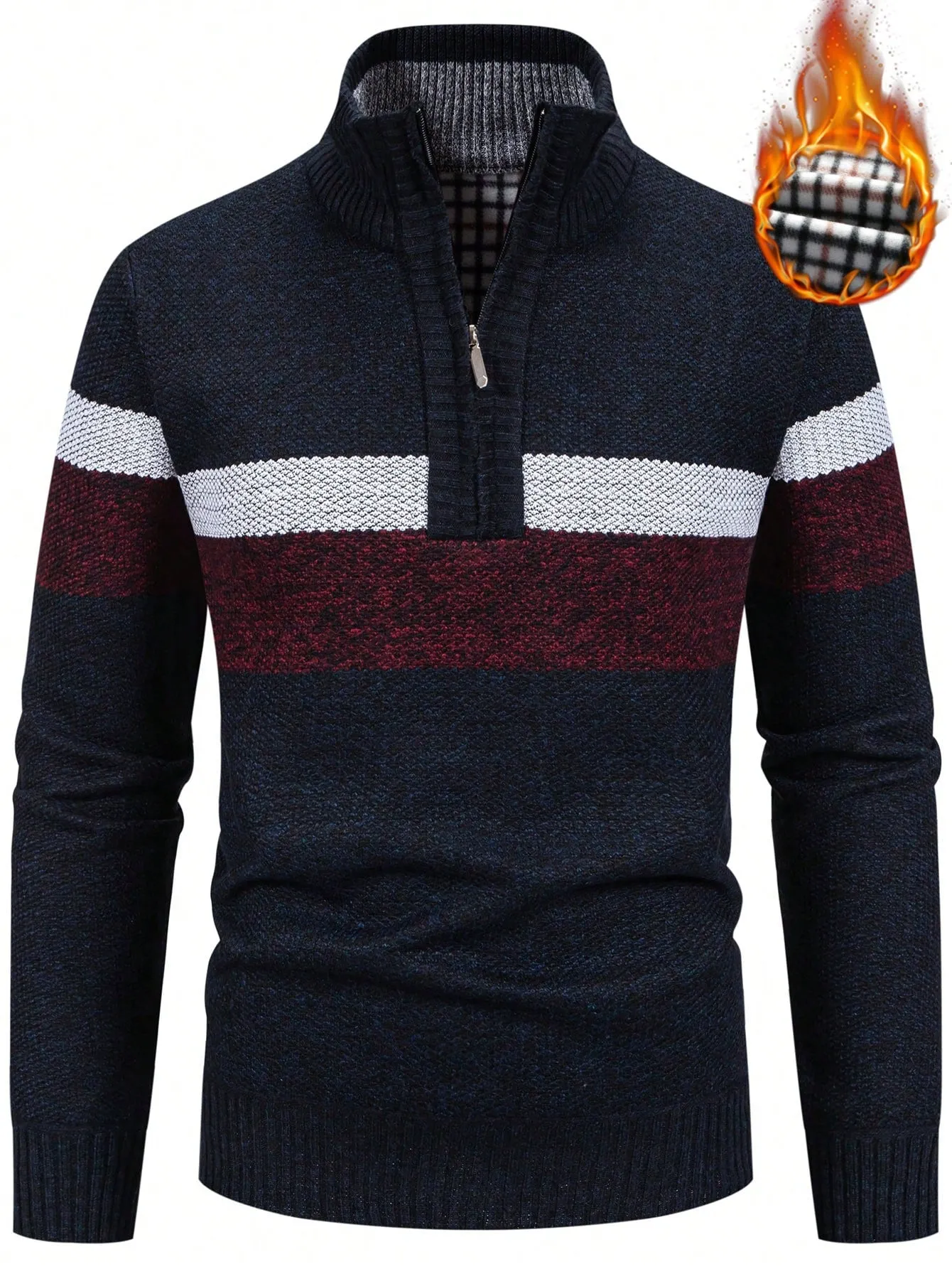 QA Homme Men Color Block Quarter Zip Thermal Lined Sweater