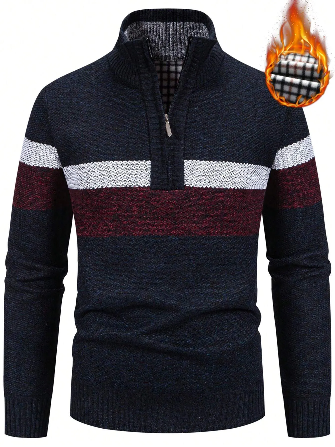 QA Homme Men Color Block Quarter Zip Thermal Lined Sweater