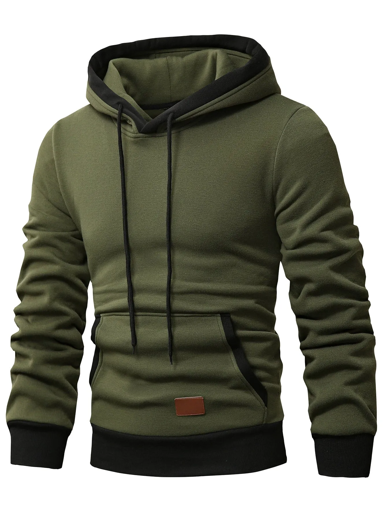 QA Homme Men Patched Detail Kangaroo Pocket Drawstring Hoodie