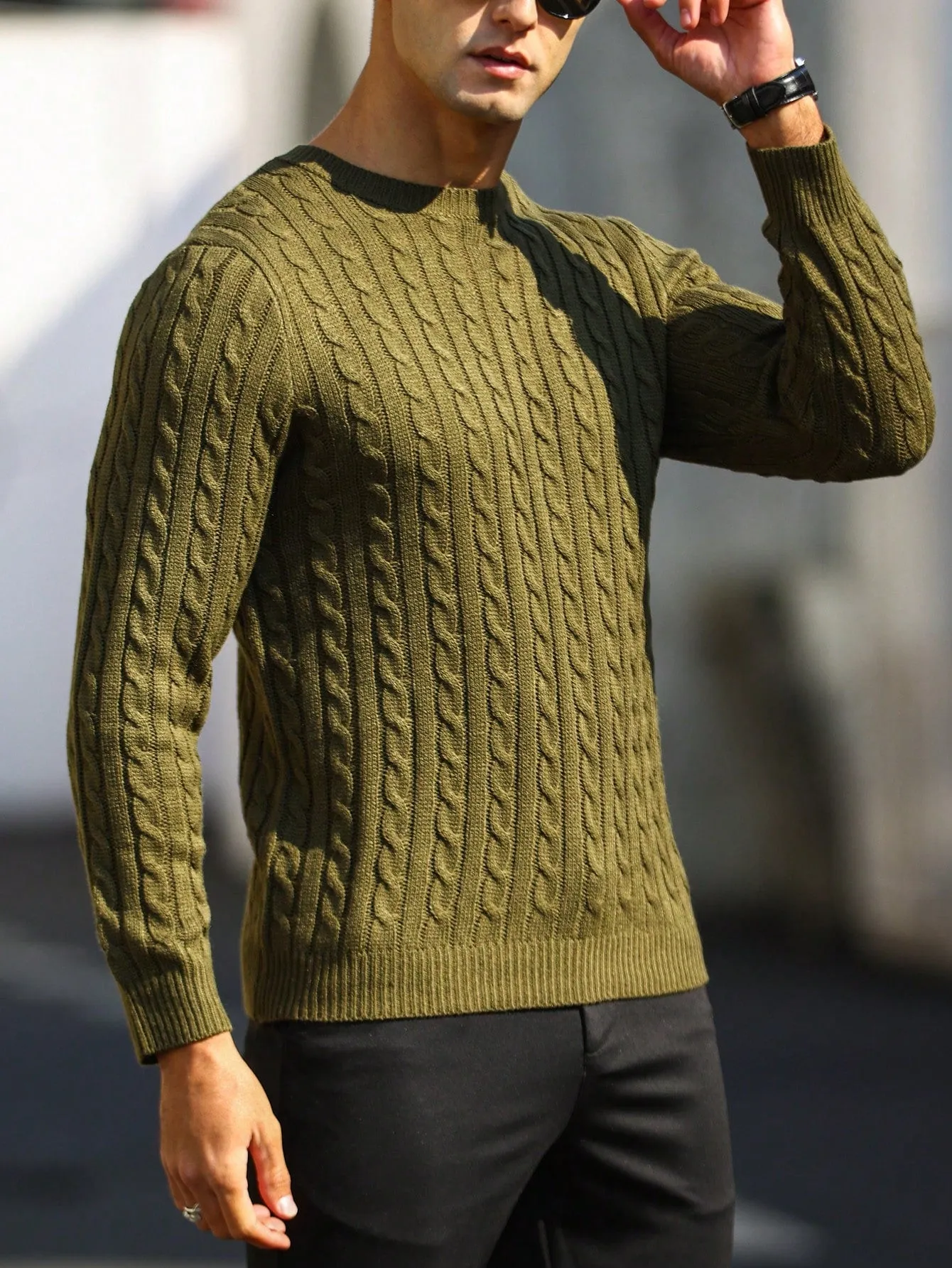 QA Homme Men Solid Cable Knit Sweater Round Neck Long Sleeve Plain Army Green Vacation Fashion Sweater