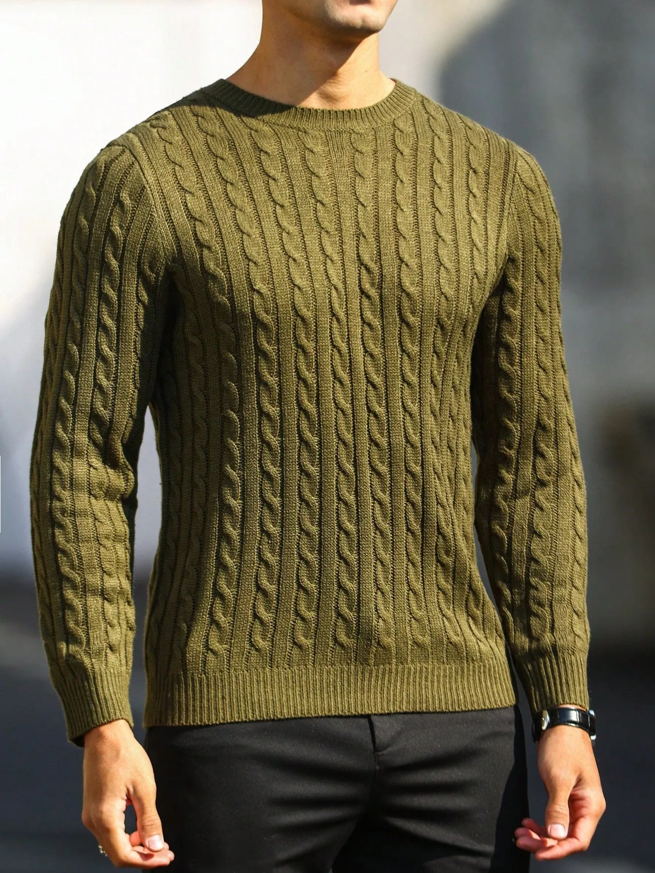 QA Homme Men Solid Cable Knit Sweater Round Neck Long Sleeve Plain Army Green Vacation Fashion Sweater
