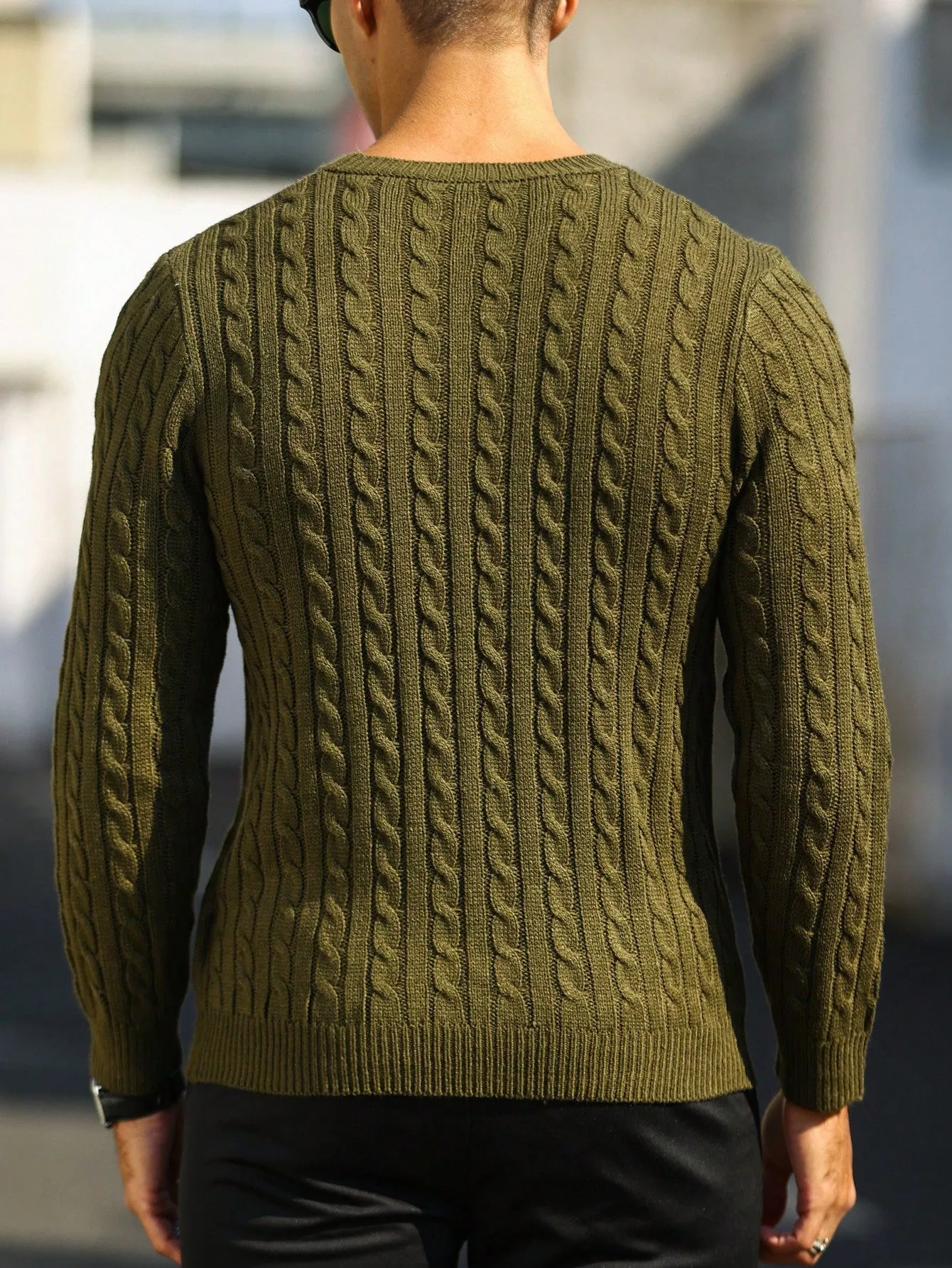 QA Homme Men Solid Cable Knit Sweater Round Neck Long Sleeve Plain Army Green Vacation Fashion Sweater