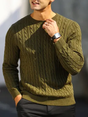QA Homme Men Solid Cable Knit Sweater Round Neck Long Sleeve Plain Army Green Vacation Fashion Sweater