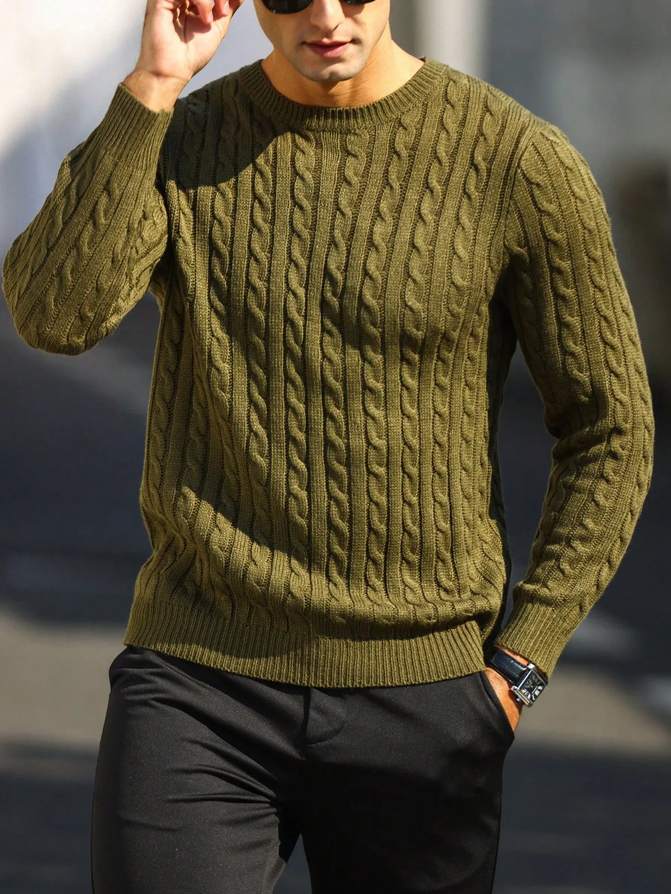 QA Homme Men Solid Cable Knit Sweater Round Neck Long Sleeve Plain Army Green Vacation Fashion Sweater