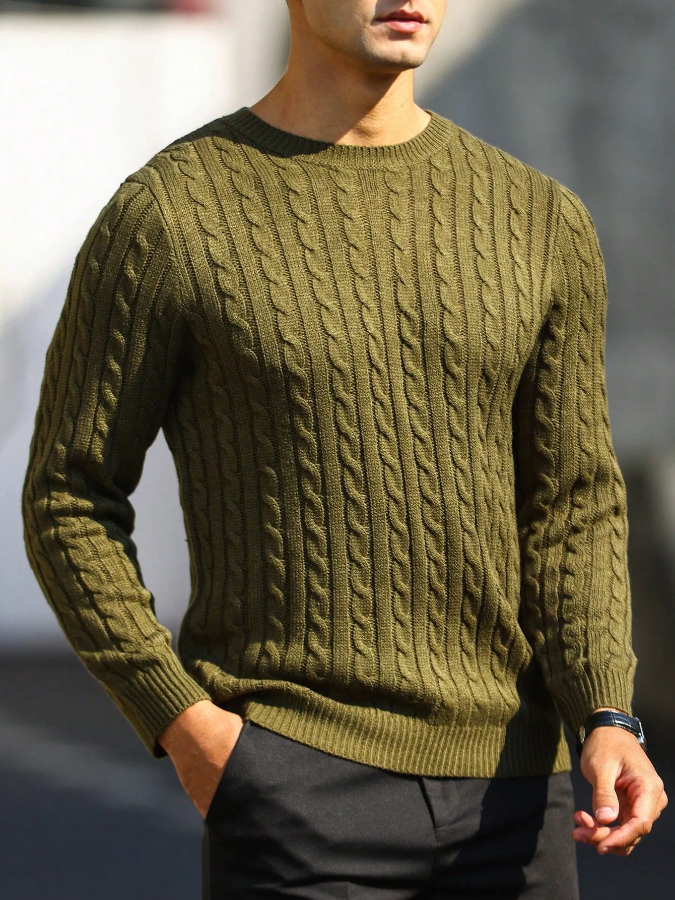 QA Homme Men Solid Cable Knit Sweater Round Neck Long Sleeve Plain Army Green Vacation Fashion Sweater