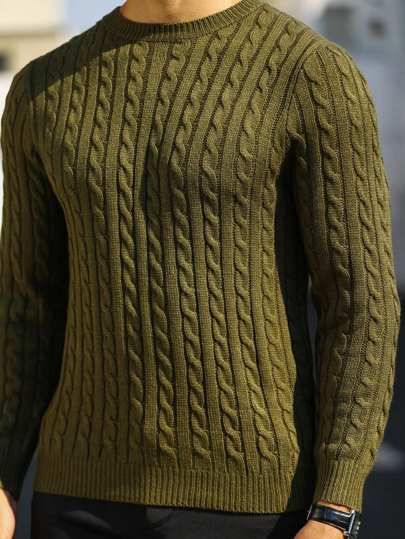 QA Homme Men Solid Cable Knit Sweater Round Neck Long Sleeve Plain Army Green Vacation Fashion Sweater