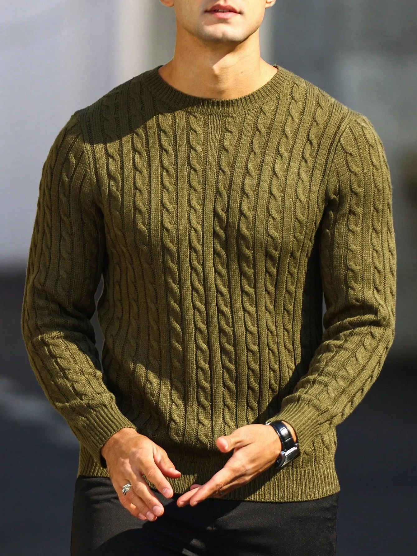 QA Homme Men Solid Cable Knit Sweater Round Neck Long Sleeve Plain Army Green Vacation Fashion Sweater