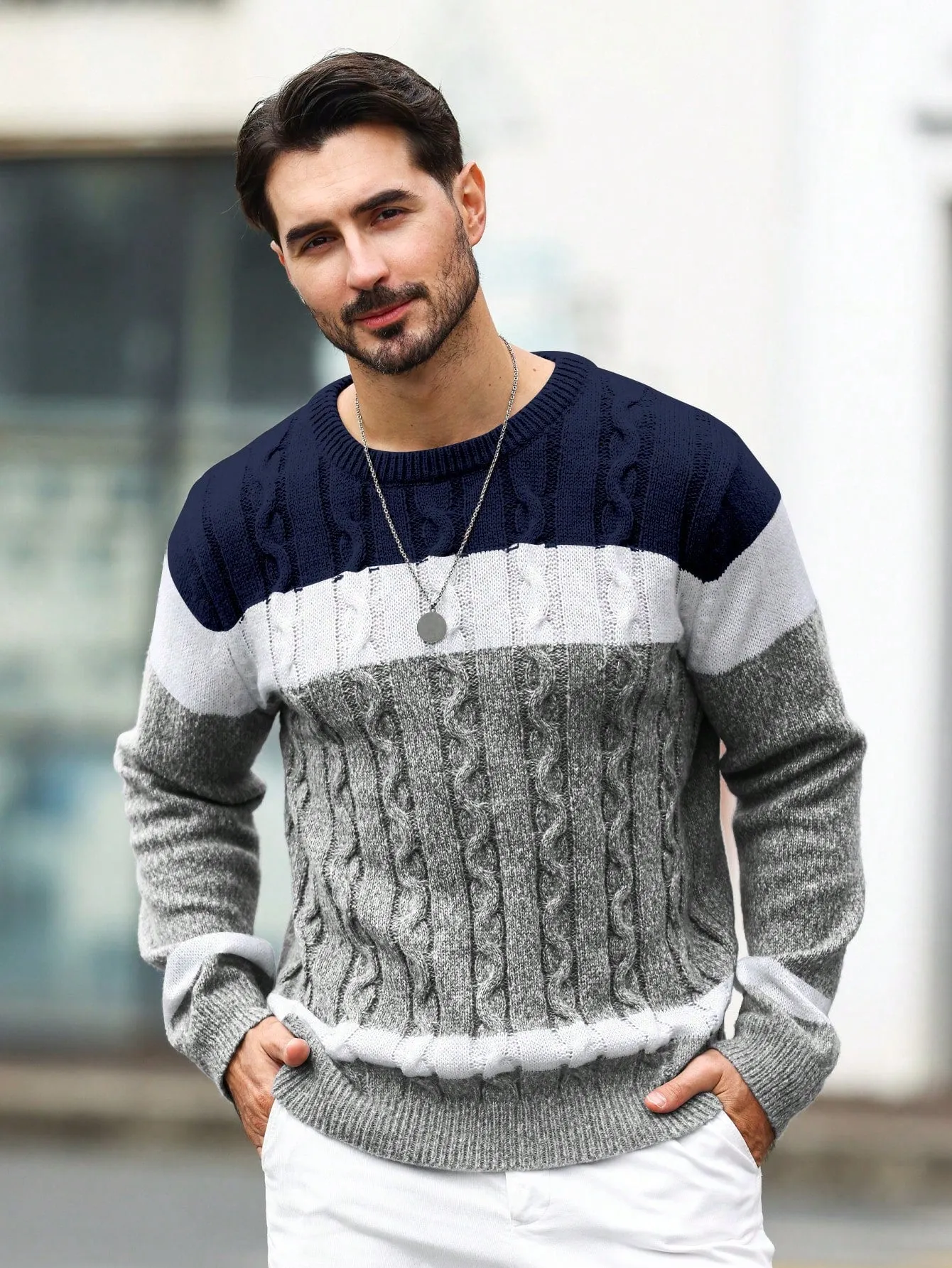 QA Homme Men's Colorblock Crew Neck Long Sleeve Loose Casual Knit Sweater, Autumn Winter