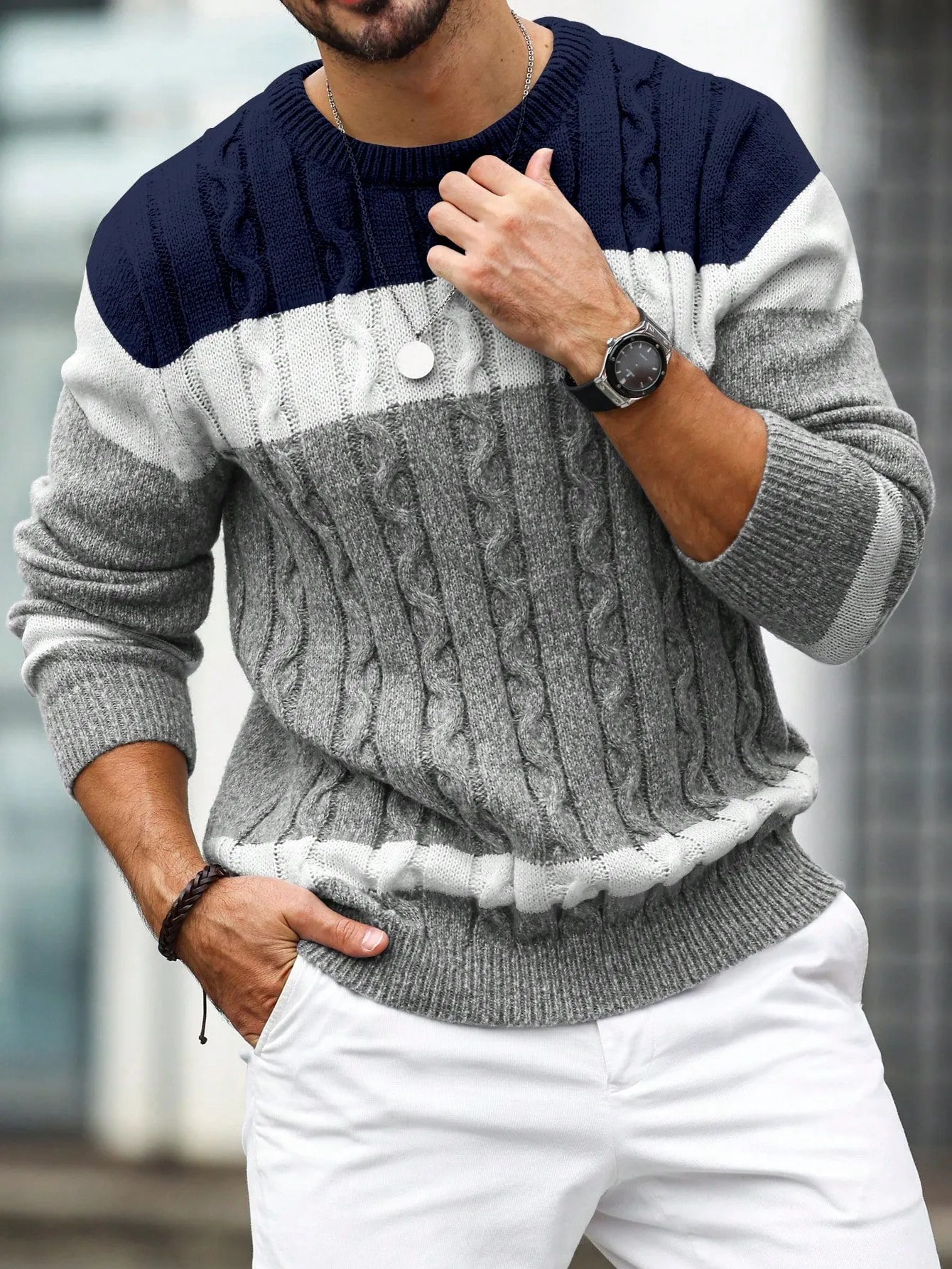 QA Homme Men's Colorblock Crew Neck Long Sleeve Loose Casual Knit Sweater, Autumn Winter