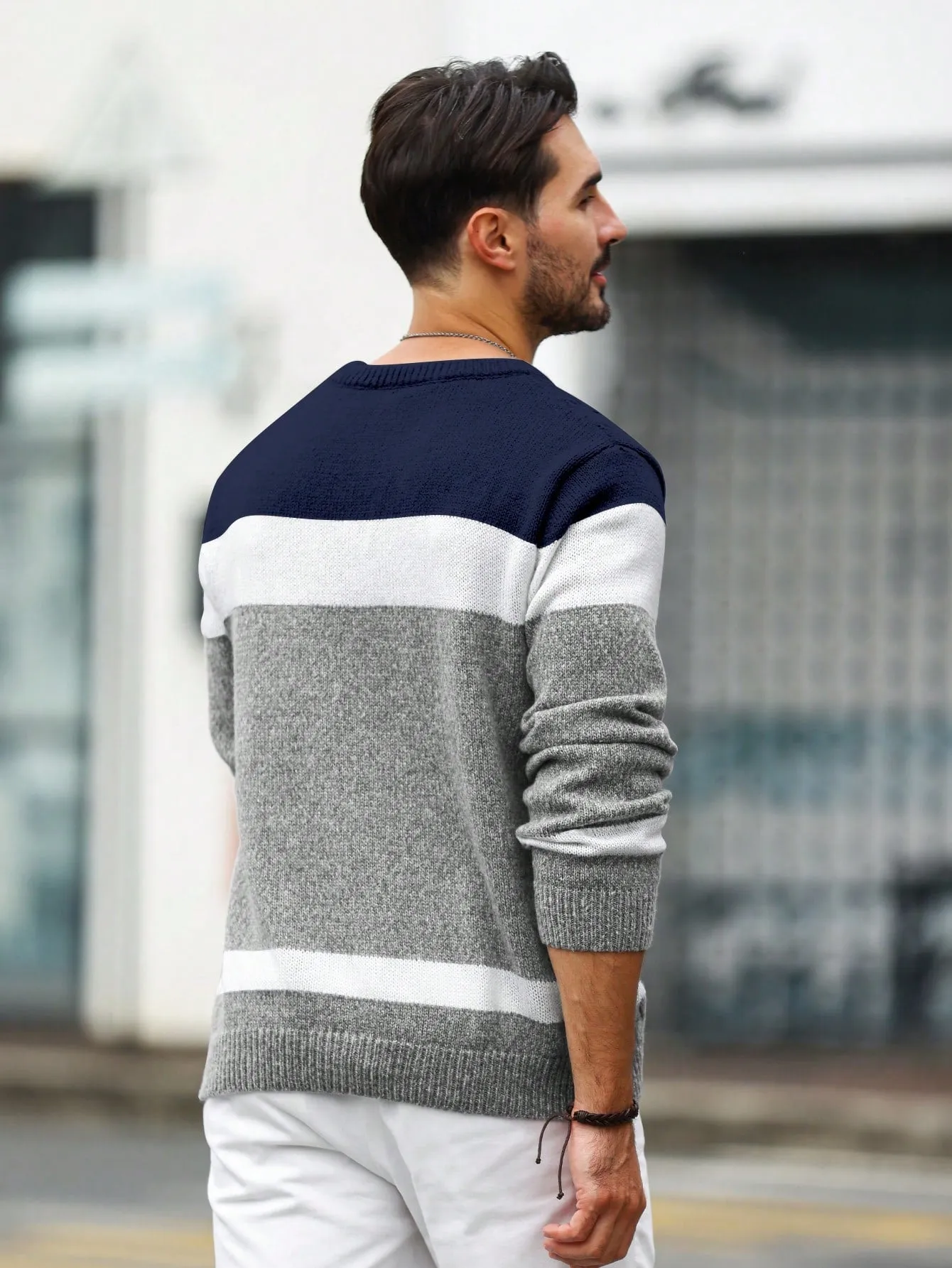 QA Homme Men's Colorblock Crew Neck Long Sleeve Loose Casual Knit Sweater, Autumn Winter