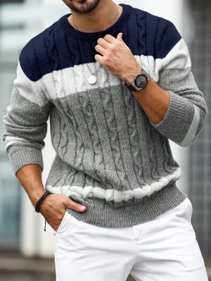 QA Homme Men's Colorblock Crew Neck Long Sleeve Loose Casual Knit Sweater, Autumn Winter