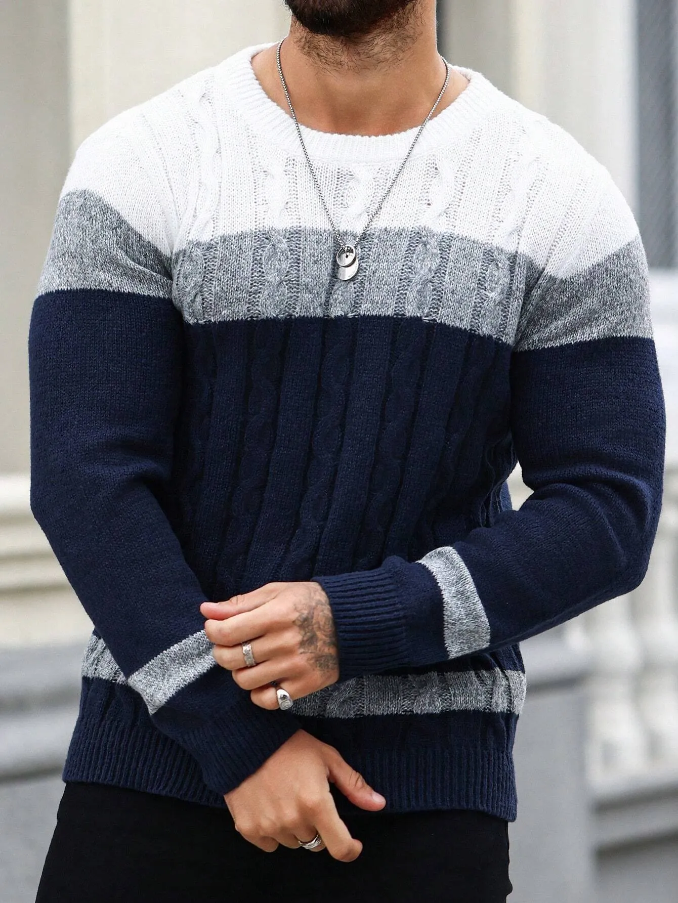QA Homme Men's Colorblock Crew Neck Long Sleeve Loose Casual Knit Sweater, Autumn Winter