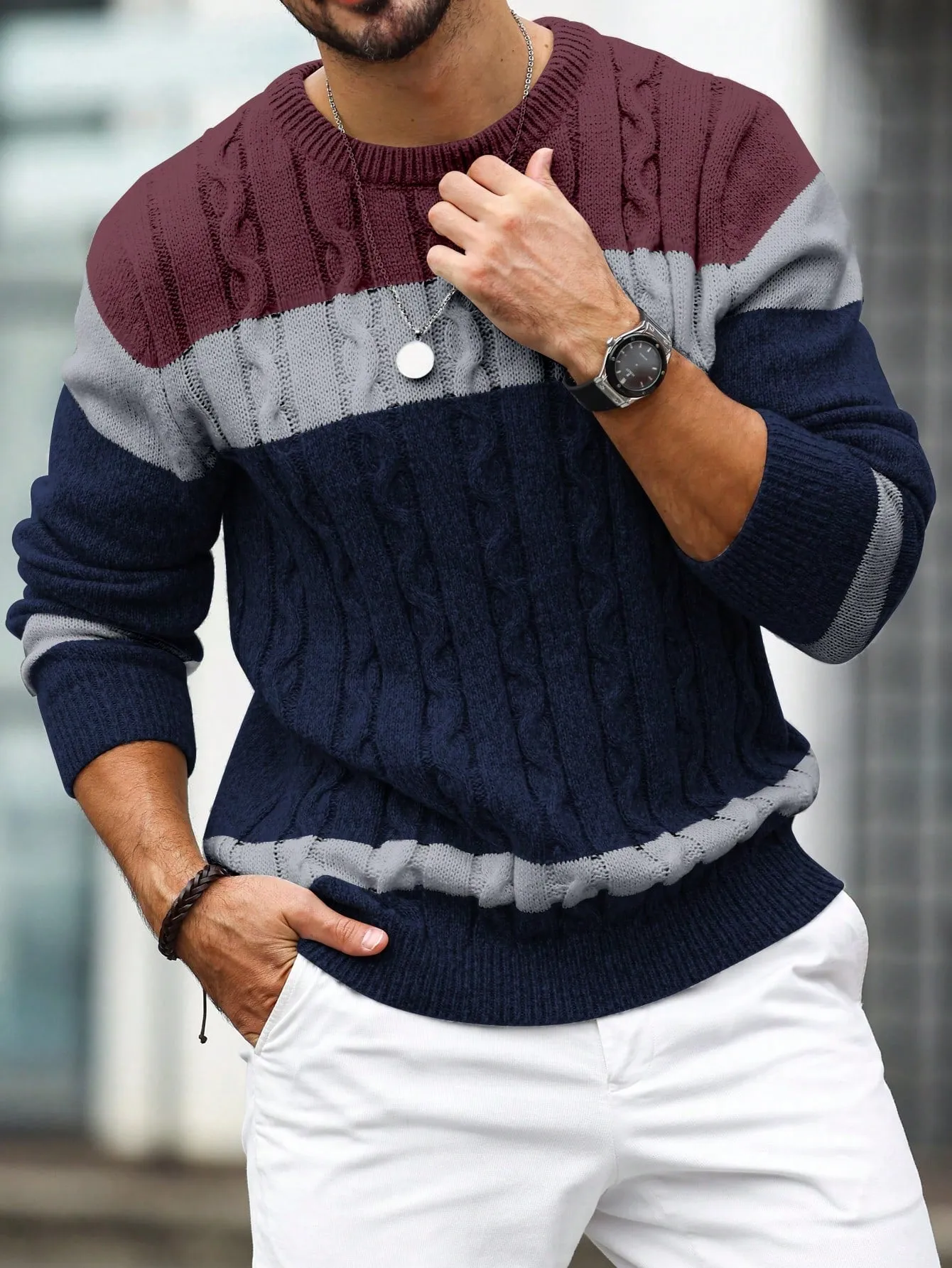 QA Homme Men's Colorblock Crew Neck Long Sleeve Loose Casual Knit Sweater, Autumn Winter
