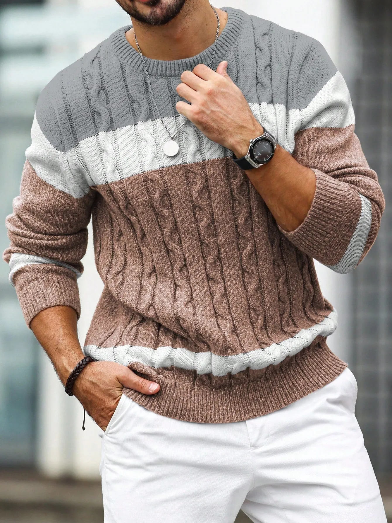 QA Homme Men's Colorblock Crew Neck Long Sleeve Loose Casual Knit Sweater, Autumn Winter