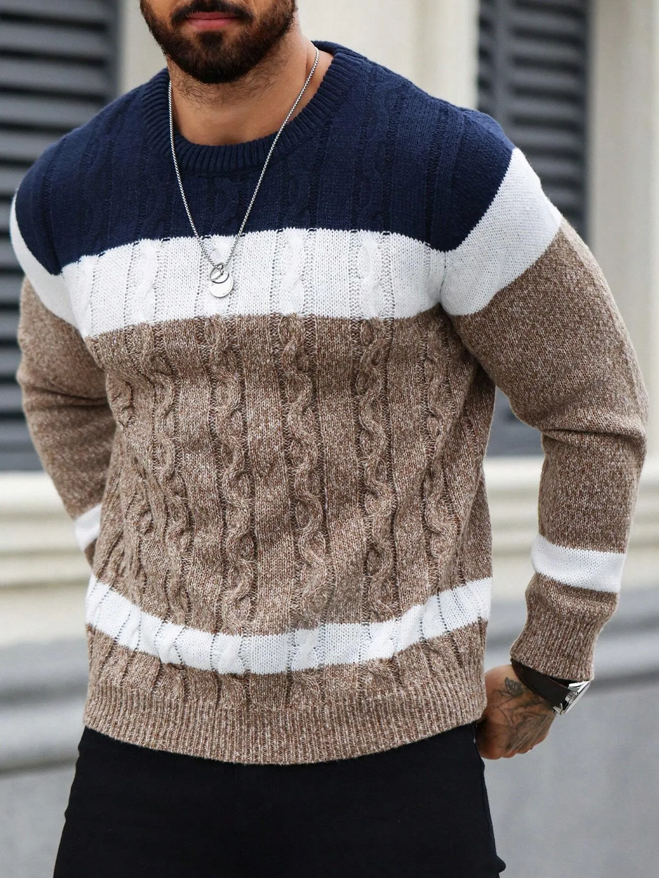 QA Homme Men's Colorblock Crew Neck Long Sleeve Loose Casual Knit Sweater, Autumn Winter