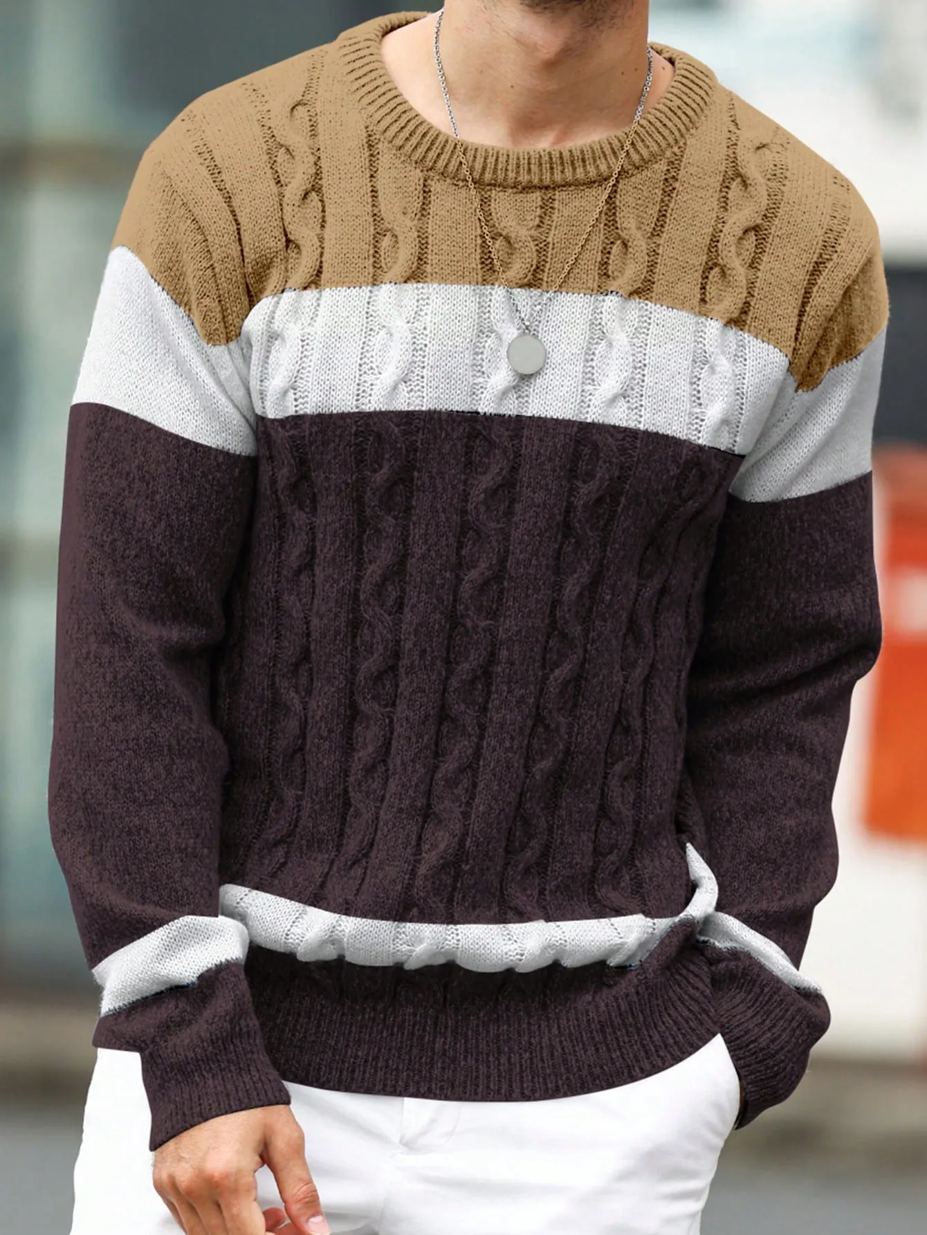 QA Homme Men's Colorblock Crew Neck Long Sleeve Loose Casual Knit Sweater, Autumn Winter