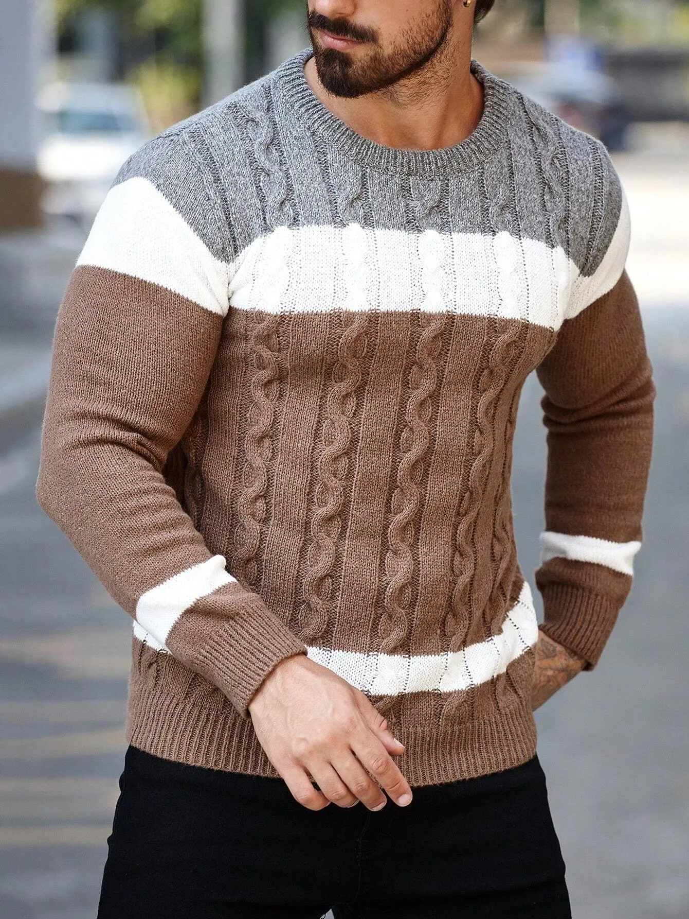 QA Homme Men's Colorblock Crew Neck Long Sleeve Loose Casual Knit Sweater, Autumn Winter