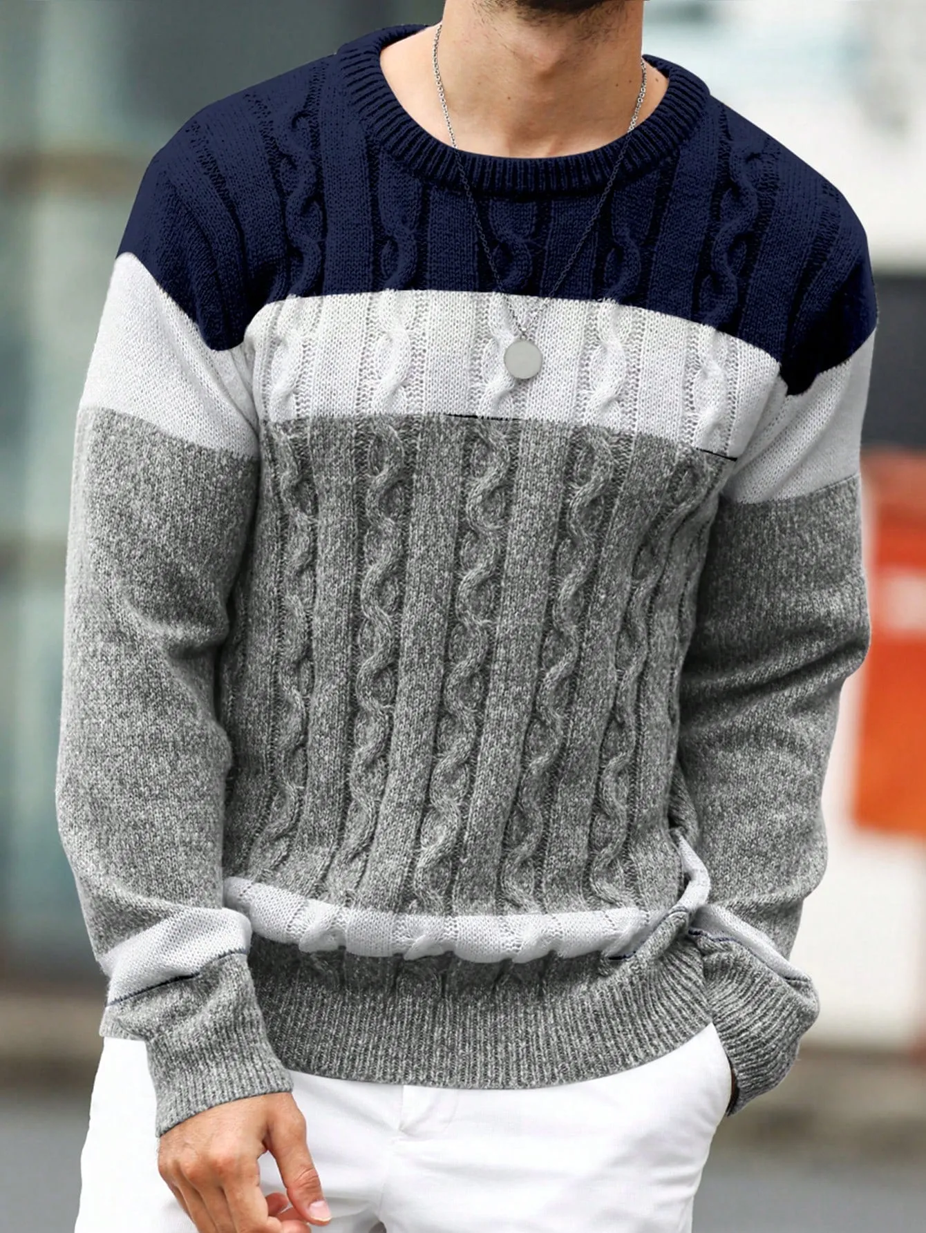 QA Homme Men's Colorblock Crew Neck Long Sleeve Loose Casual Knit Sweater, Autumn Winter