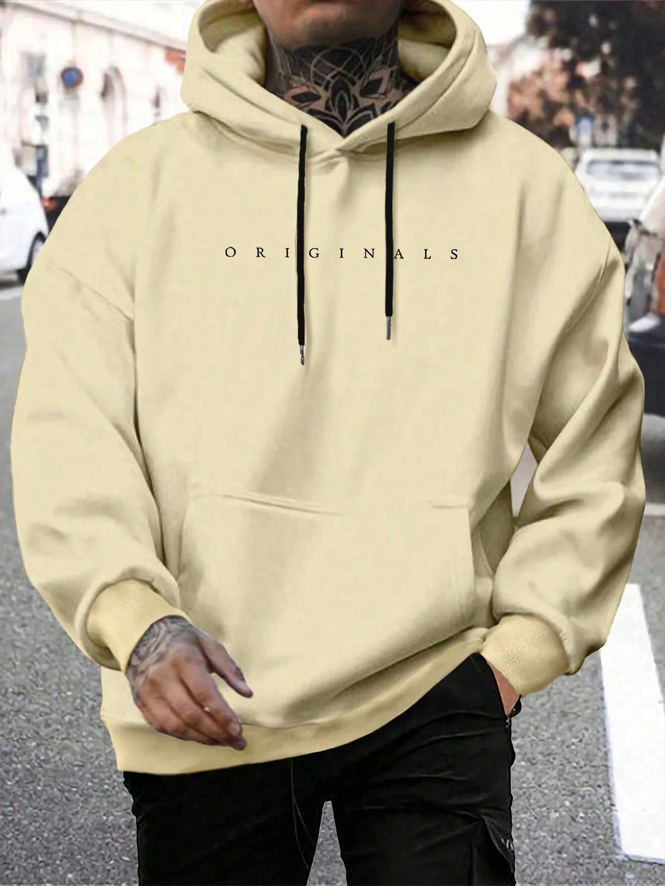 QA Homme Men's Hooded Sweatshirt With Letter Print And Drawstring