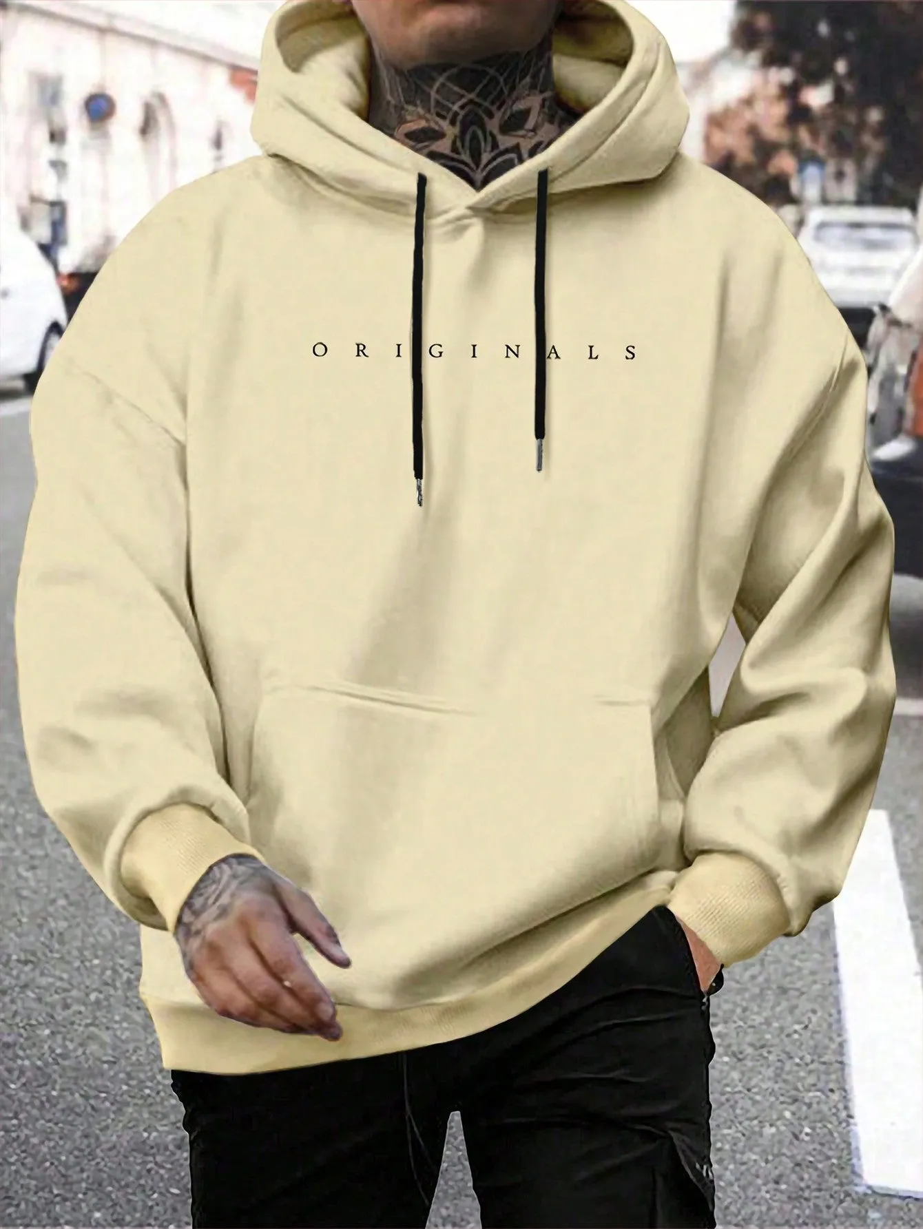 QA Homme Men's Hooded Sweatshirt With Letter Print And Drawstring