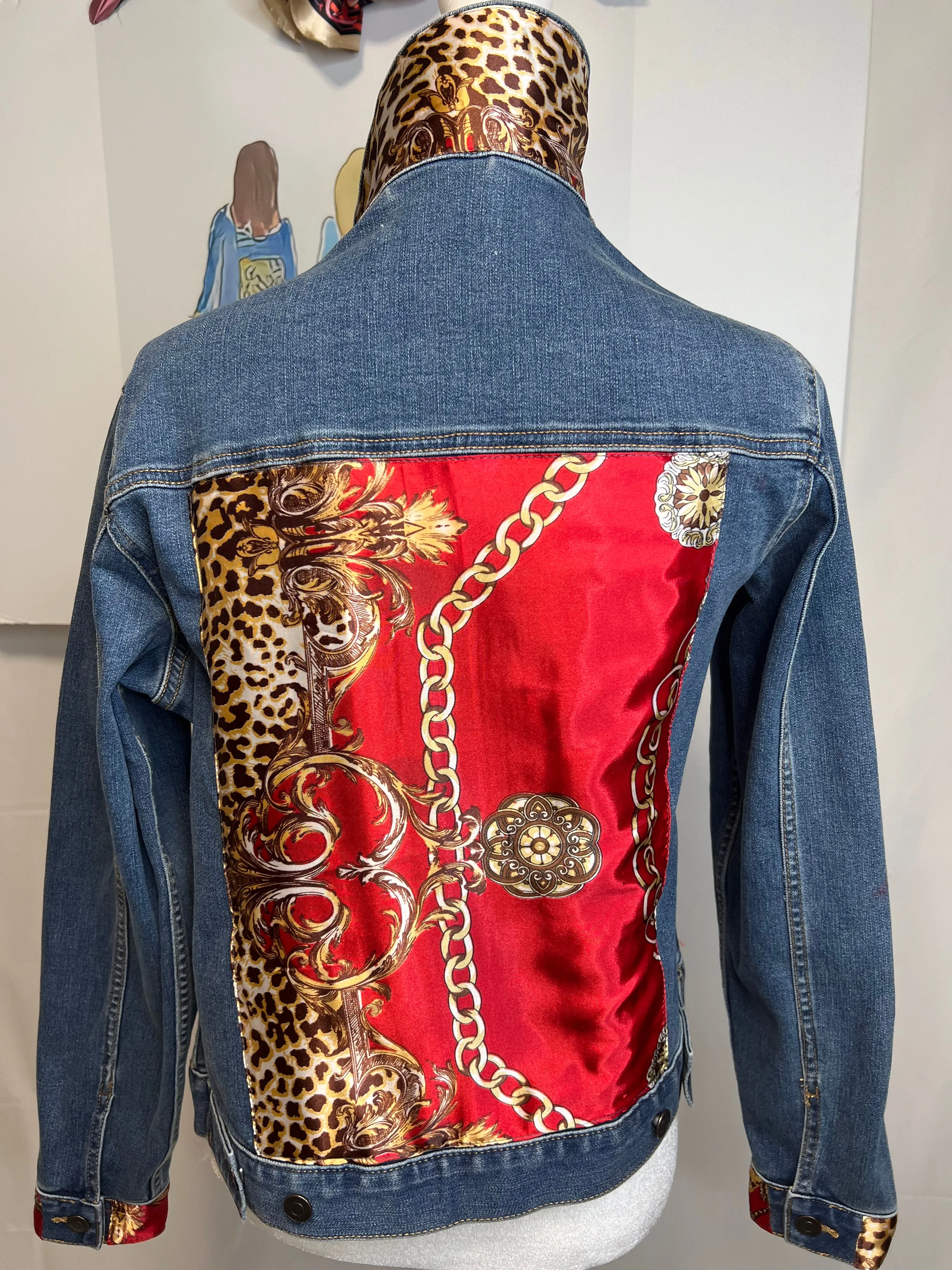 Red, Gold and Leopard Print Denim Jacket