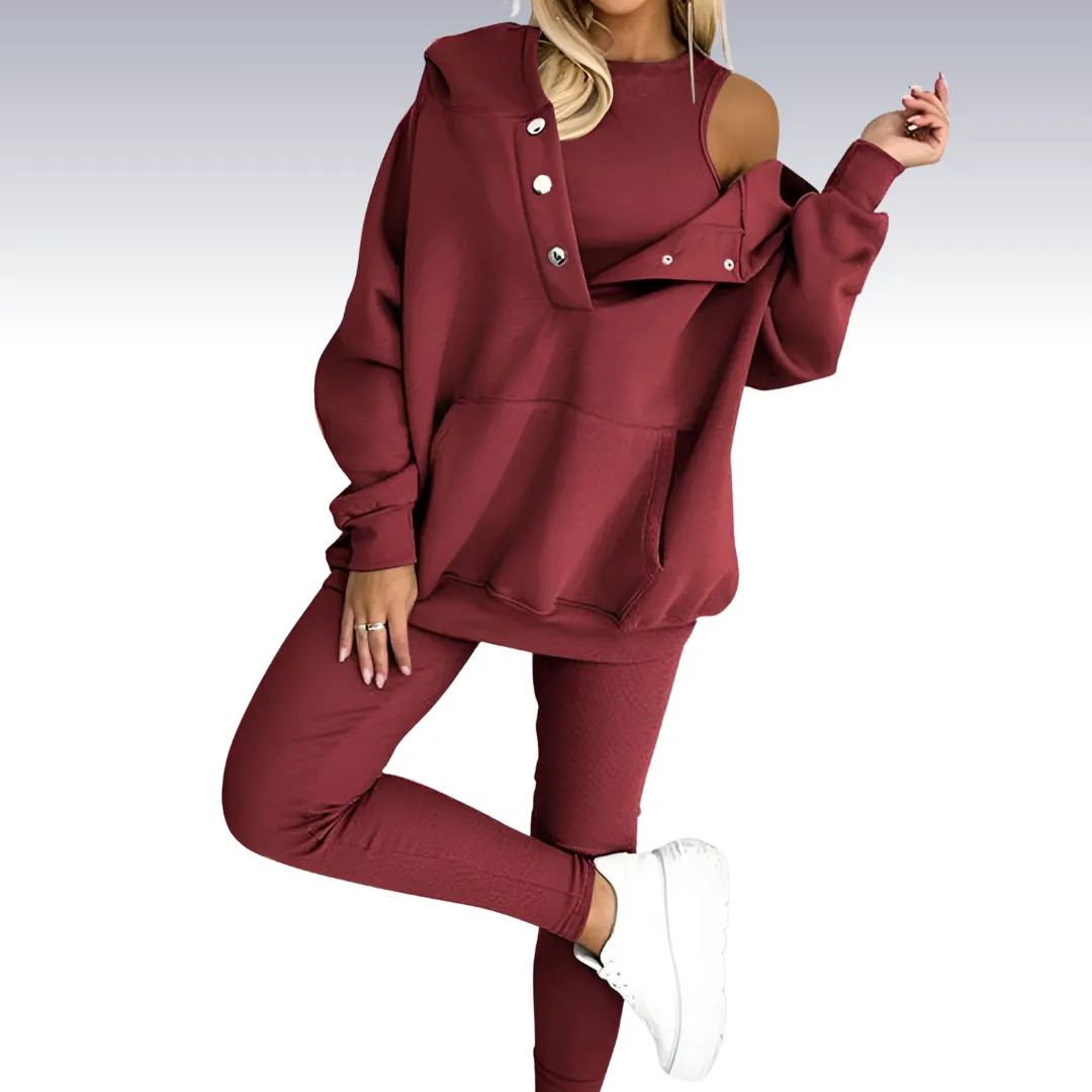 Rowy™ | Comfortable 3-piece fall set - hoodie with buttons, shirt and leggings