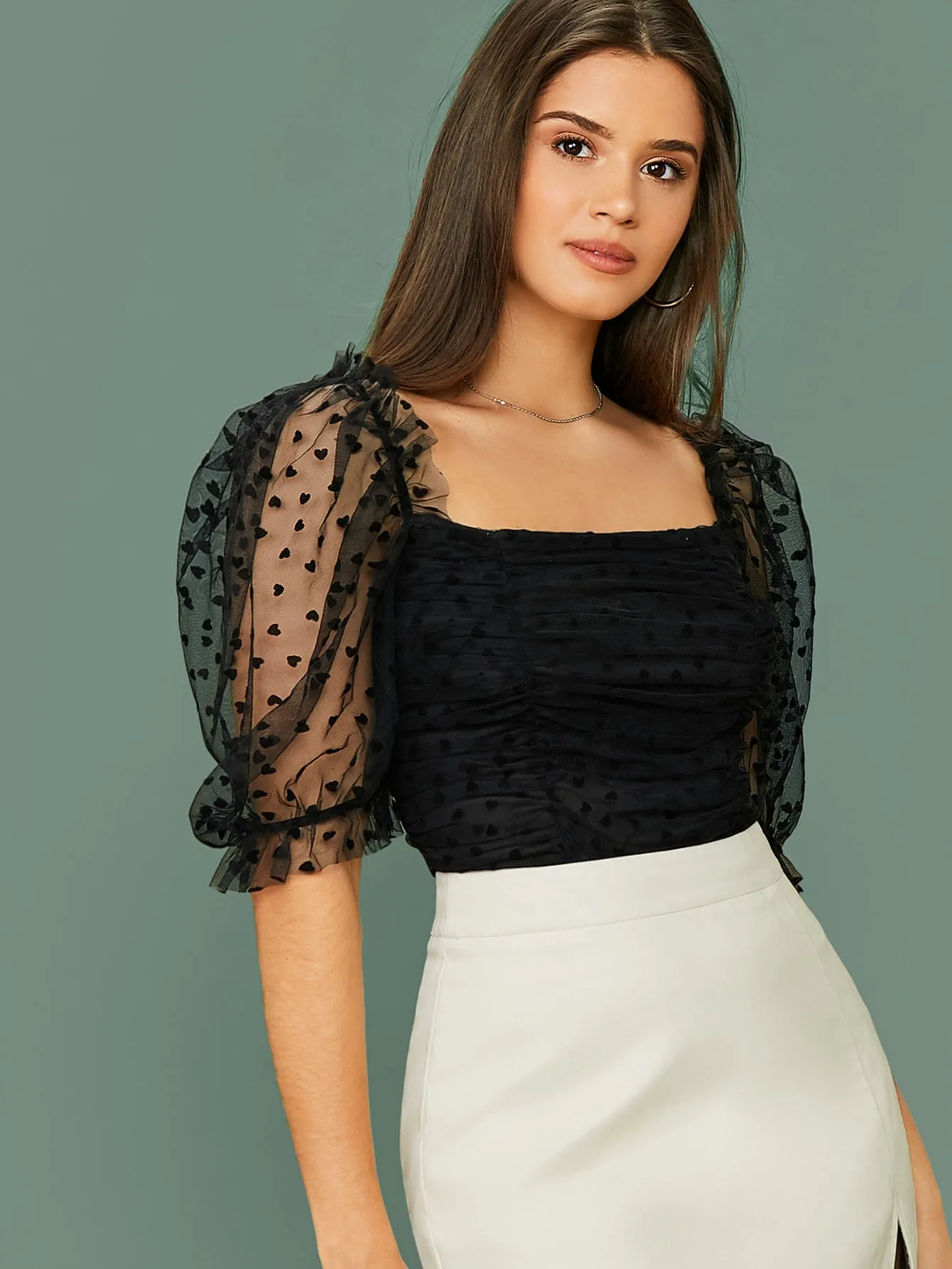 Ruched Heart Flocked Mesh Top( Clearance sale