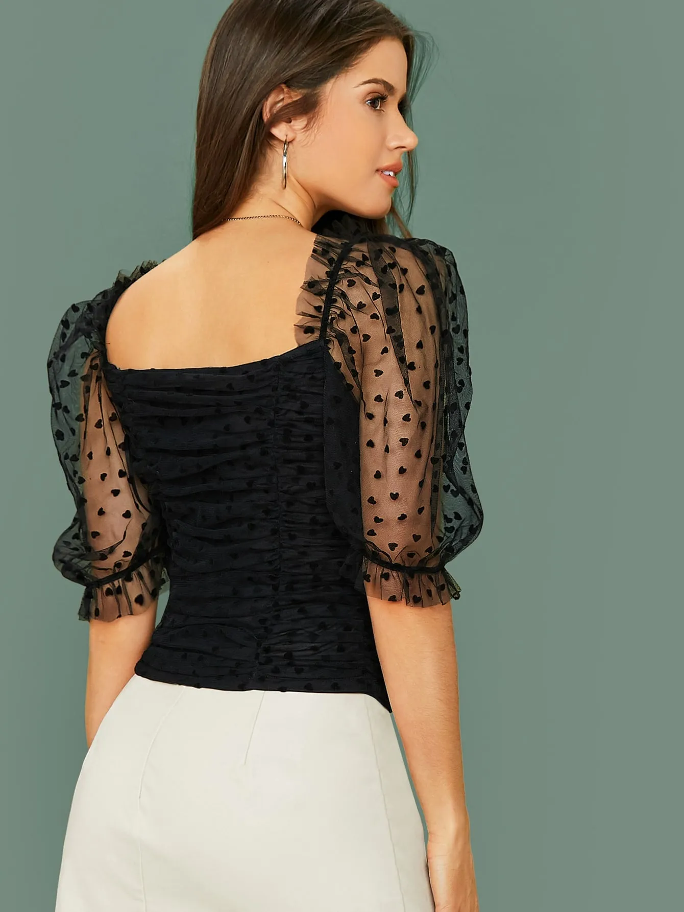 Ruched Heart Flocked Mesh Top( Clearance sale