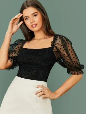 Ruched Heart Flocked Mesh Top( Clearance sale