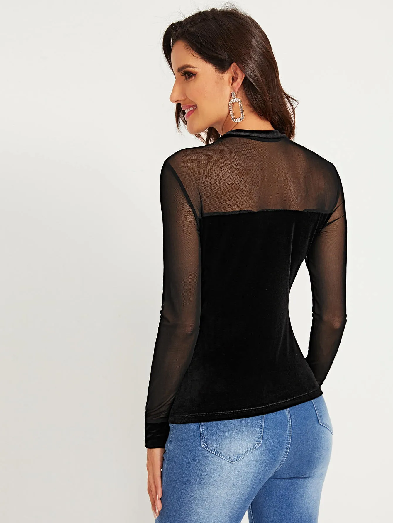 Sheer Mesh Yoke Slim Velvet Top(CLEARANCE SALE