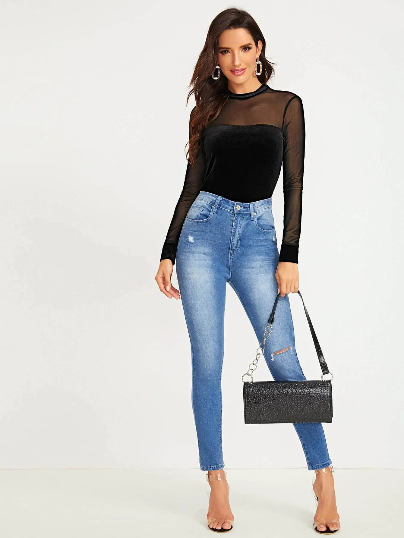 Sheer Mesh Yoke Slim Velvet Top(CLEARANCE SALE