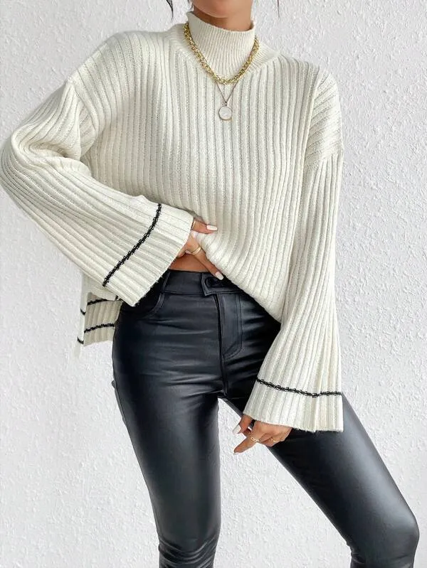 SHEIN Essnce Mock Neck Drop Shoulder Split Hem Sweater