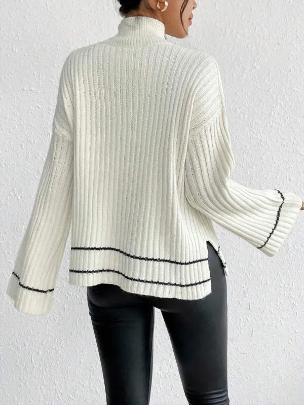 SHEIN Essnce Mock Neck Drop Shoulder Split Hem Sweater