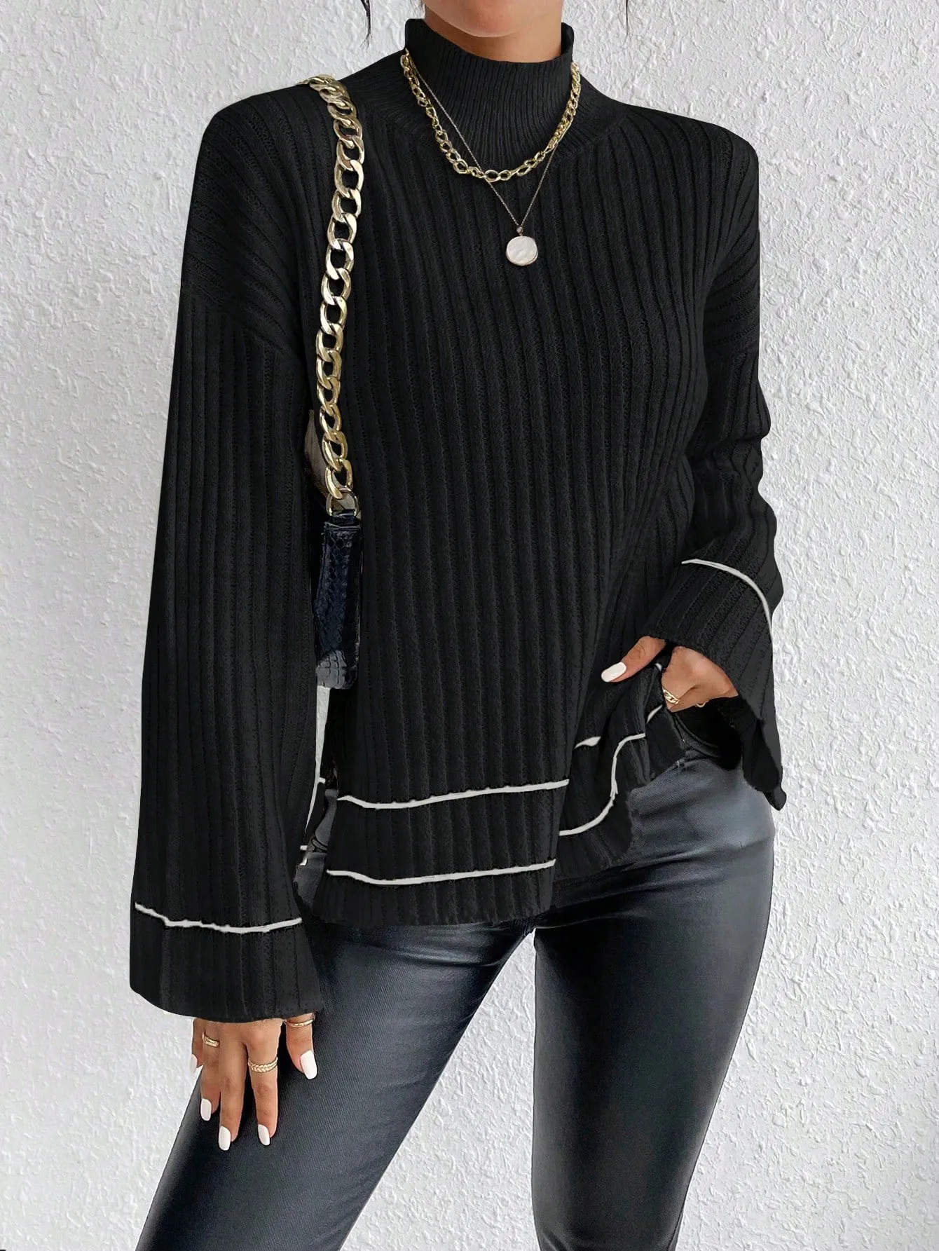 SHEIN Essnce Mock Neck Drop Shoulder Split Hem Sweater