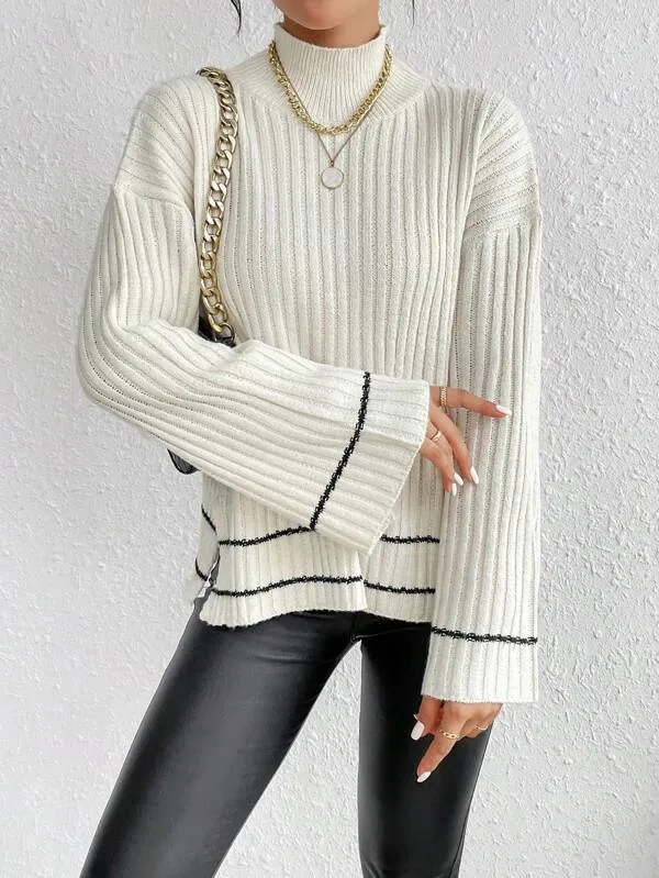 SHEIN Essnce Mock Neck Drop Shoulder Split Hem Sweater