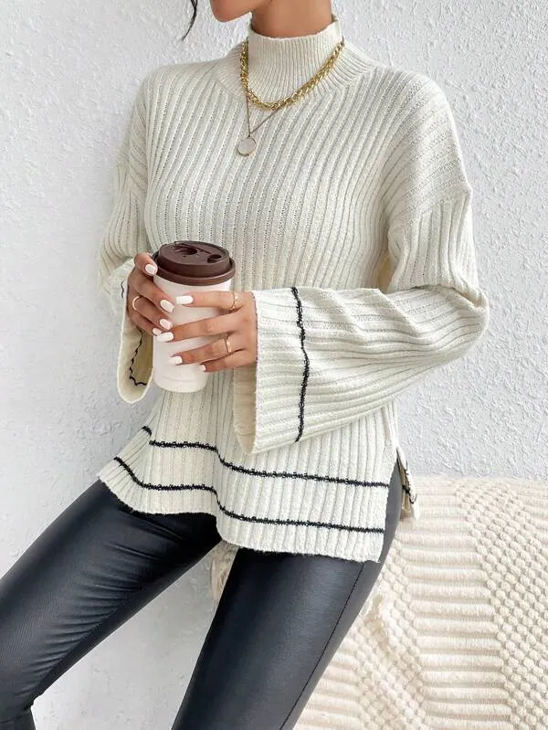 SHEIN Essnce Mock Neck Drop Shoulder Split Hem Sweater