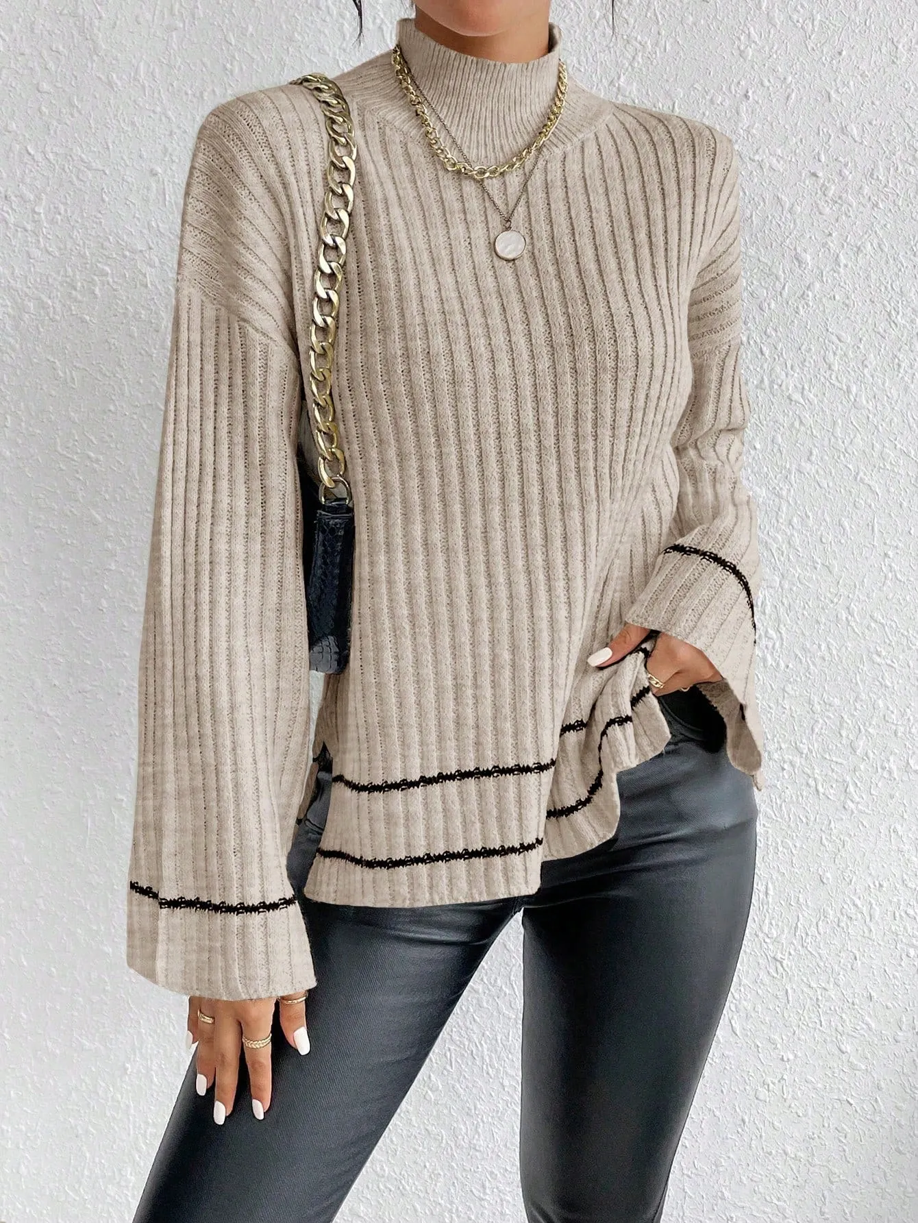 SHEIN Essnce Mock Neck Drop Shoulder Split Hem Sweater
