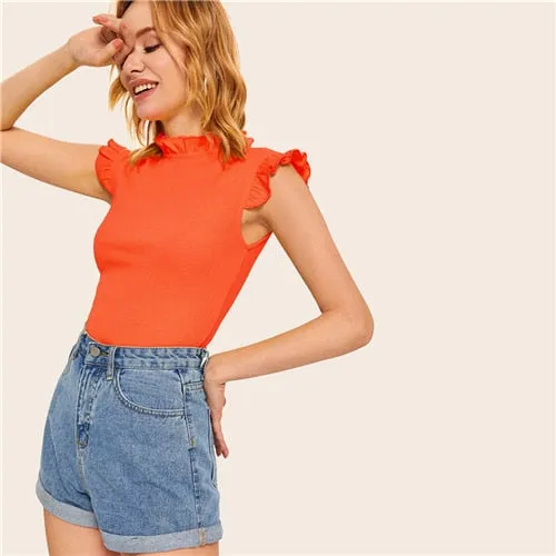 SHEIN Frilled Trim Keyhole Back Slim Fitted Tee Sleeveless T-shirt Women Summer Elegant Solid Stand Collar Tshirt Tops