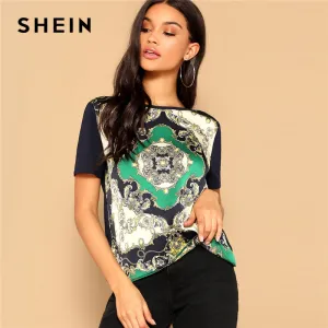 SHEIN Retro Multicolor Scarf Print Mixed Media Top