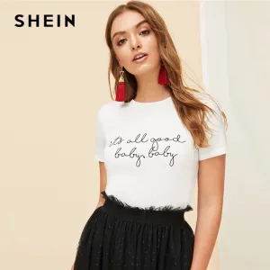 SHEIN White Slogan Letter Print Solid Slim Fitted Tee Short Sleeve Round Neck T Shirt Women Summer 2019 Casual T-shirt Tops