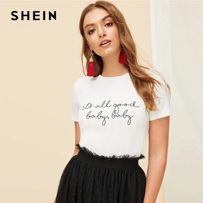 SHEIN White Slogan Letter Print Solid Slim Fitted Tee Short Sleeve Round Neck T Shirt Women Summer 2019 Casual T-shirt Tops