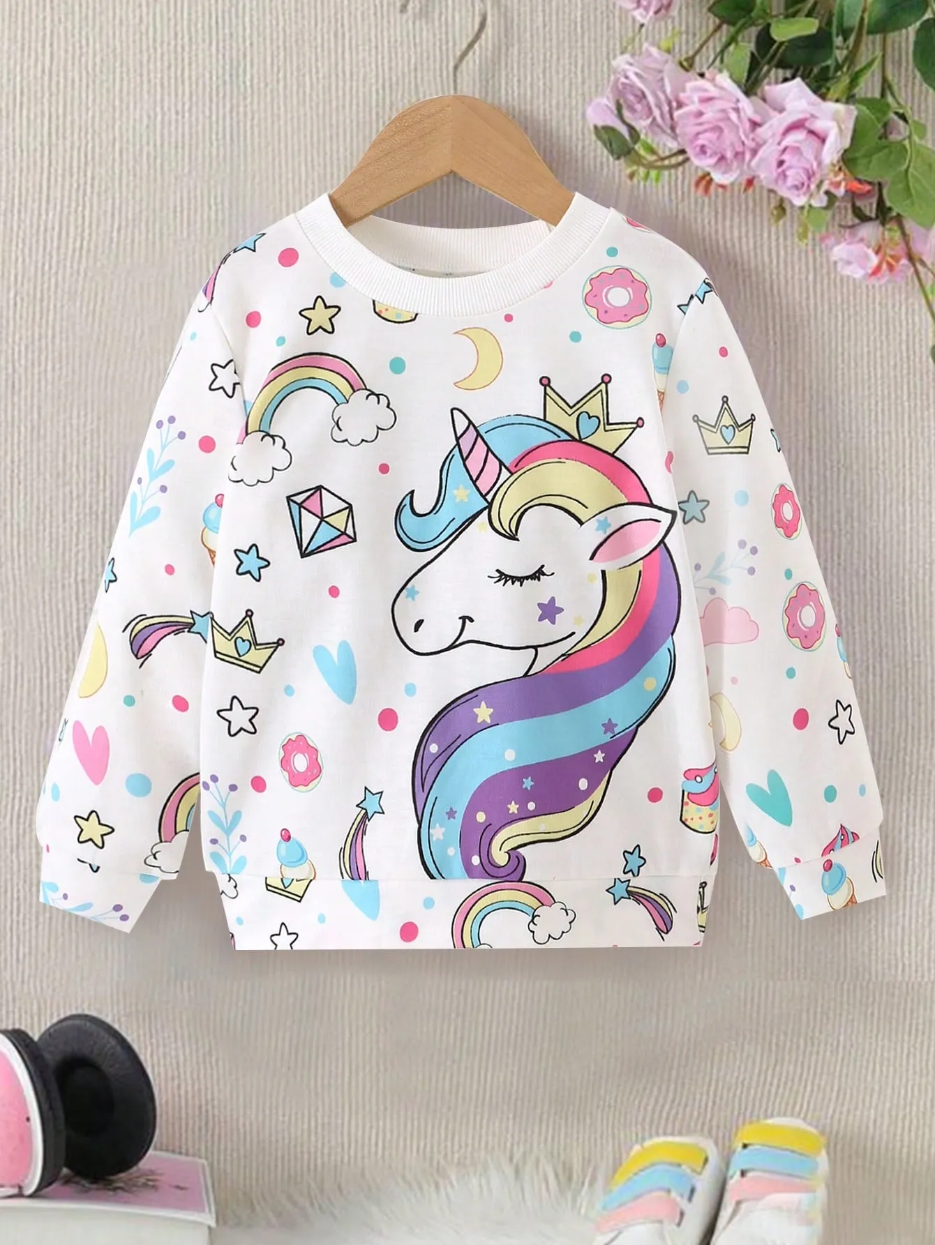 SHEIN Young Girl Casual Sports Round Neck Fitted Long Sleeve Unicorn Print Sweatshirt For Daily Wear, Spring & Autumn