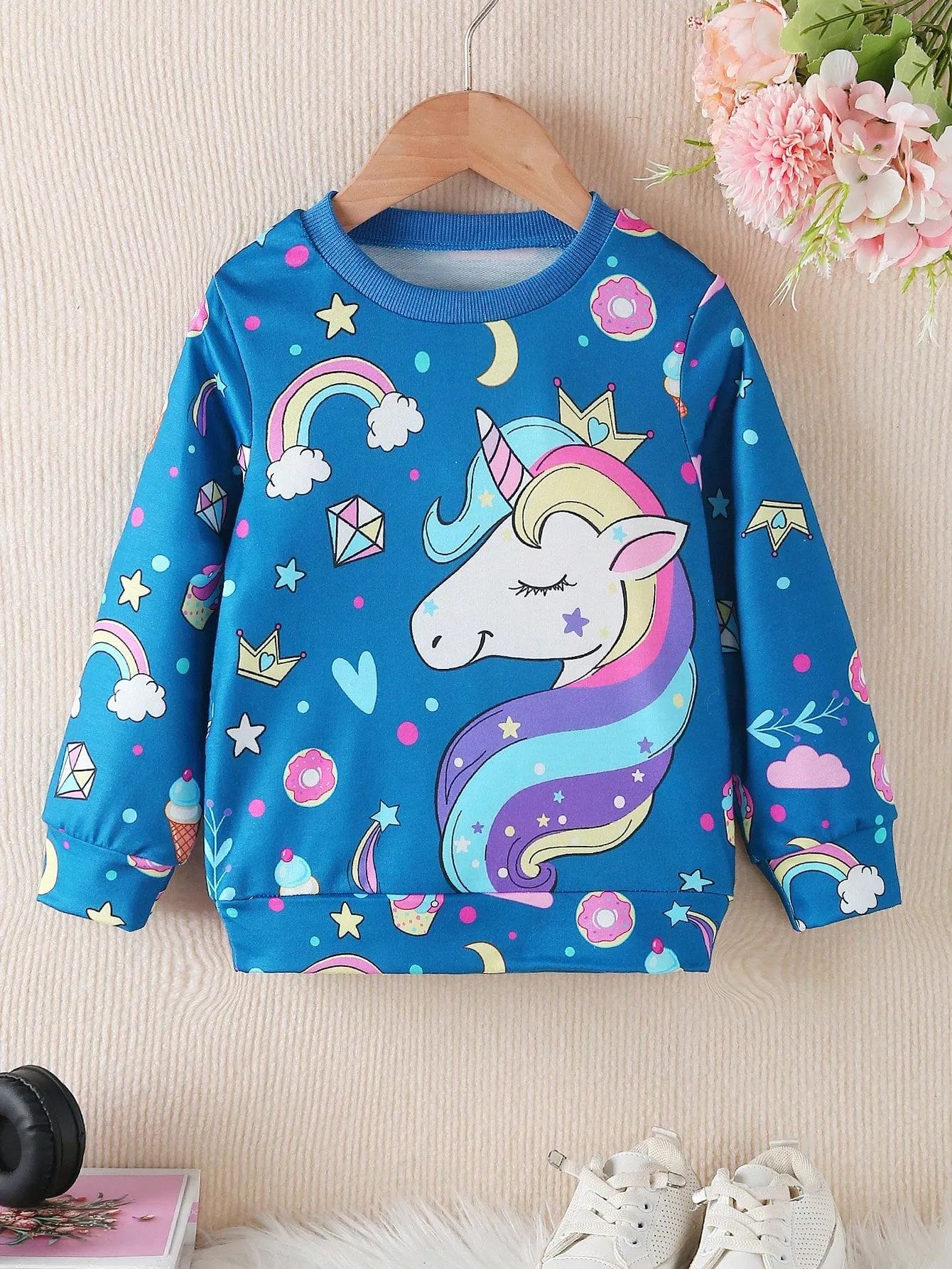SHEIN Young Girl Casual Sports Round Neck Fitted Long Sleeve Unicorn Print Sweatshirt For Daily Wear, Spring & Autumn