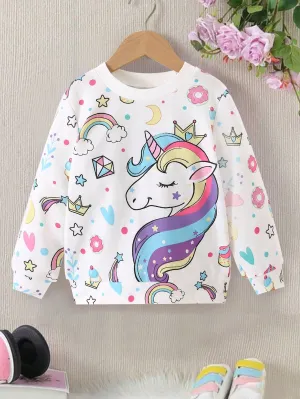 SHEIN Young Girl Casual Sports Round Neck Fitted Long Sleeve Unicorn Print Sweatshirt For Daily Wear, Spring & Autumn