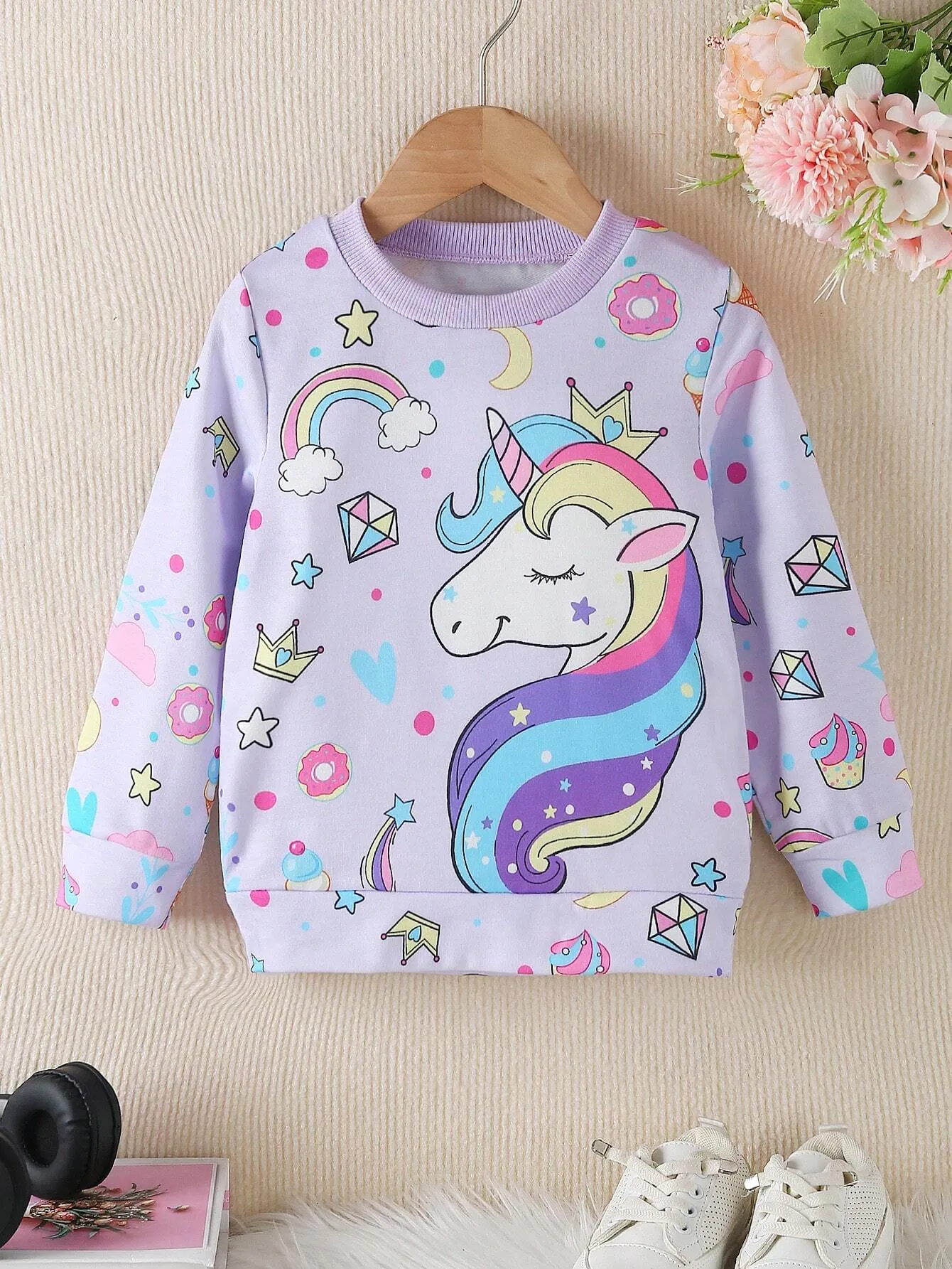 SHEIN Young Girl Casual Sports Round Neck Fitted Long Sleeve Unicorn Print Sweatshirt For Daily Wear, Spring & Autumn