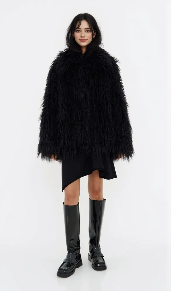 Short black fur coat