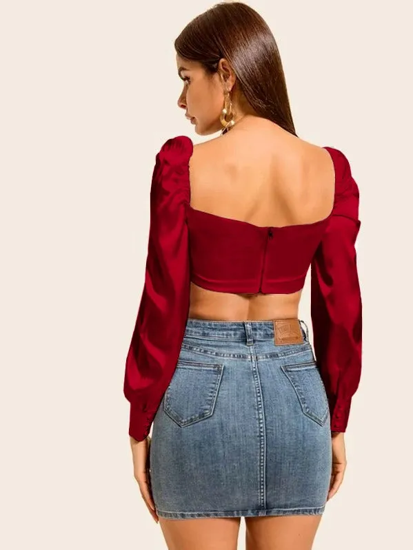 Silk Ruched Puff Sleeve Crop Top( CLEARANCE SALE